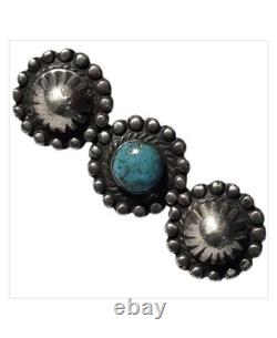 Deep stampwork Navajo 1940s Coin Silver Kingman Turquoise Pin Brooch