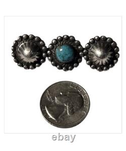 Deep stampwork Navajo 1940s Coin Silver Kingman Turquoise Pin Brooch