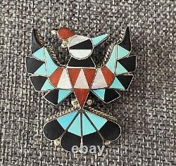 Delwin Gasper Thunderbird, Hand Made, Zuni- turquoise/coral/jet MOP pin/pendant