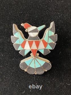 Delwin Gasper Thunderbird, Hand Made, Zuni- turquoise/coral/jet MOP pin/pendant