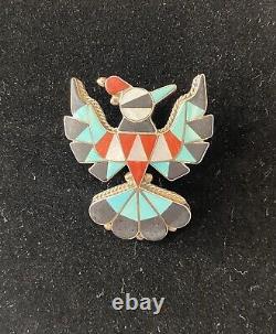 Delwin Gasper Thunderbird, Hand Made, Zuni- turquoise/coral/jet MOP pin/pendant