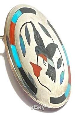 Derrick & Michelle Edaakie Zuni Native American Silver Inlay Brooch Pendant Pin