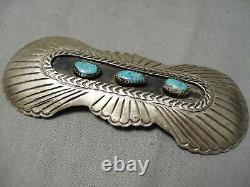Detailed! Vintage Navajo Bursting Sterling Silver Turquoise Pin Old