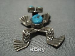 Detailed! Vintage Navajo Toad Turquoise Sterling Silver Pin Pendant Old