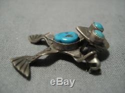 Detailed! Vintage Navajo Toad Turquoise Sterling Silver Pin Pendant Old
