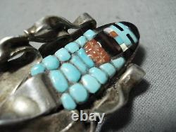 Detailed Vintage Zuni Turquoise Coran Sterling Silver Coral Pin
