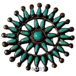 Detailed wagon wheel Zuni Blue Gem Turquoise Needlepoint Sterling Silver Pin