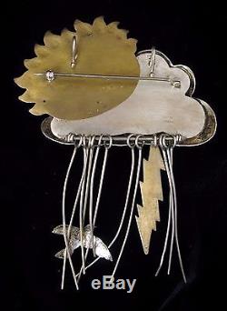 Dion Sterling Rain Sun Shine Storm Articulated Brooch Pin Native American Stone