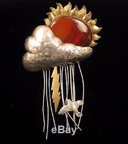 Dion Sterling Rain Sun Shine Storm Articulated Brooch Pin Native American Stone