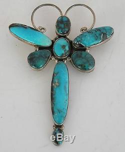Dragonfly VTG huge NAVAJO Sterling Silver & Turquoise pendant pin by ETTA ENDITO