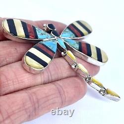 Dragonfly Zuni Inlay Pendant Pin Turquoise Bug Big 2.5in Sterling Signed Huge