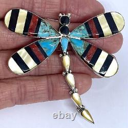 Dragonfly Zuni Inlay Pendant Pin Turquoise Bug Big 2.5in Sterling Signed Huge