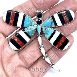 Dragonfly Zuni Inlay Pendant Pin Turquoise Bug Big 2.5in Sterling Signed Huge W