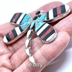 Dragonfly Zuni Inlay Pendant Pin Turquoise Bug Big 2.5in Sterling Signed Huge W