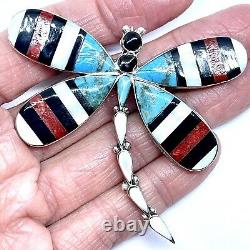 Dragonfly Zuni Inlay Pendant Pin Turquoise Bug Big 2.5in Sterling Signed Huge W