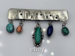 E. Pino Nakai Sterling Silver Pueblo Native American Turquoise Dangles Pin