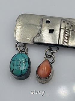 E. Pino Nakai Sterling Silver Pueblo Native American Turquoise Dangles Pin