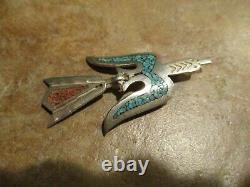EARLY TOMMY SINGER (d.) Navajo Sterling Silver Turquoise & Coral Pin / Pendant