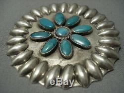 Early 1900's Vintage Navajo Repoussed Sterling Silver Turquoise Pin Old