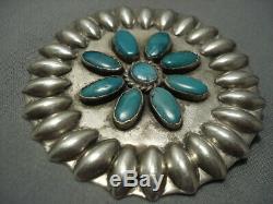 Early 1900's Vintage Navajo Repoussed Sterling Silver Turquoise Pin Old