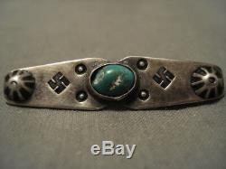 Early 1900's Vintage Navajo Whirling Logs Turquoise Silver Pin