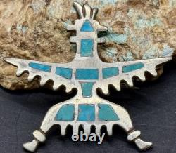Early 1900s Zuni Attr Juan De Dios Sterling Turquoise Inlay Knifewing Brooch Pin