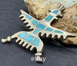 Early 1900s Zuni Attr Juan De Dios Sterling Turquoise Inlay Knifewing Brooch Pin