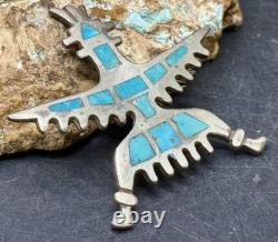 Early 1900s Zuni Attr Juan De Dios Sterling Turquoise Inlay Knifewing Brooch Pin