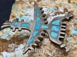 Early 1900s Zuni Attr Juan De Dios Sterling Turquoise Inlay Knifewing Brooch Pin