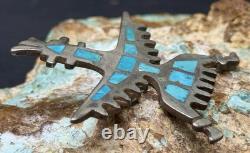 Early 1900s Zuni Attr Juan De Dios Sterling Turquoise Inlay Knifewing Brooch Pin