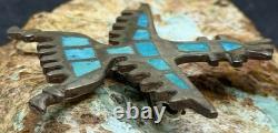 Early 1900s Zuni Attr Juan De Dios Sterling Turquoise Inlay Knifewing Brooch Pin