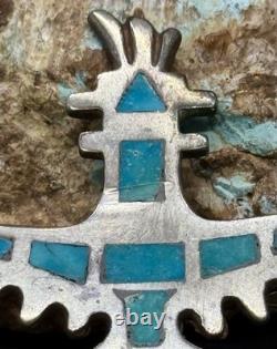 Early 1900s Zuni Attr Juan De Dios Sterling Turquoise Inlay Knifewing Brooch Pin