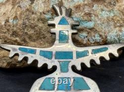 Early 1900s Zuni Attr Juan De Dios Sterling Turquoise Inlay Knifewing Brooch Pin