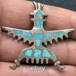 Early 1900s Zuni Attr Juan De Dios Sterling Turquoise Inlay Knifewing Brooch Pin