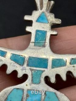 Early 1900s Zuni Attr Juan De Dios Sterling Turquoise Inlay Knifewing Brooch Pin