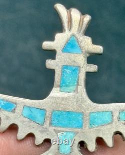Early 1900s Zuni Attr Juan De Dios Sterling Turquoise Inlay Knifewing Brooch Pin