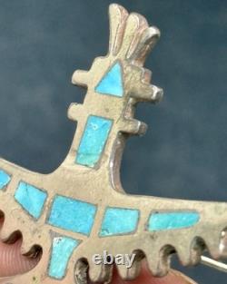Early 1900s Zuni Attr Juan De Dios Sterling Turquoise Inlay Knifewing Brooch Pin