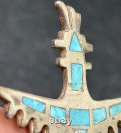 Early 1900s Zuni Attr Juan De Dios Sterling Turquoise Inlay Knifewing Brooch Pin