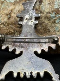 Early 1900s Zuni Attr Juan De Dios Sterling Turquoise Inlay Knifewing Brooch Pin