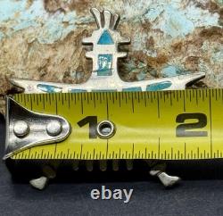 Early 1900s Zuni Attr Juan De Dios Sterling Turquoise Inlay Knifewing Brooch Pin