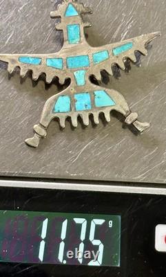Early 1900s Zuni Attr Juan De Dios Sterling Turquoise Inlay Knifewing Brooch Pin