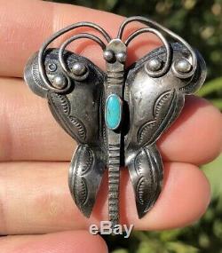 Early Old Pawn Navajo Coin Silver & Turquoise Butterfly Stamped Brooch Pin