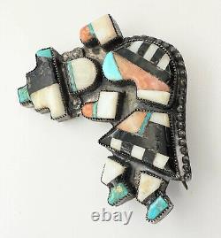 Early Zuni Rainbow Man Silver Inlay Turquoise MOP Coral Onyx Brooch 16.6 grams