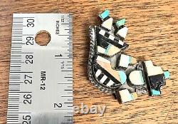 Early Zuni Rainbow Man Silver Inlay Turquoise MOP Coral Onyx Brooch 16.6 grams