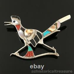 Eddie Beyuka Native American Zuni Silver Stone Inlay Roadrunner Pin Brooch