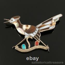 Eddie Beyuka Native American Zuni Silver Stone Inlay Roadrunner Pin Brooch