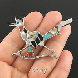 Eddie Beyuka Native American Zuni Silver Stone Inlay Roadrunner Pin Brooch