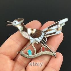 Eddie Beyuka Native American Zuni Silver Stone Inlay Roadrunner Pin Brooch