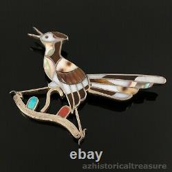 Eddie Beyuka Native American Zuni Silver Stone Inlay Roadrunner Pin Brooch