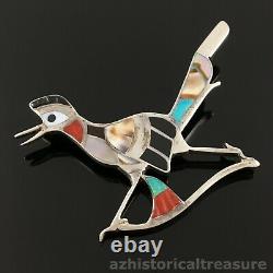 Eddie Beyuka Native American Zuni Silver Stone Inlay Roadrunner Pin Brooch